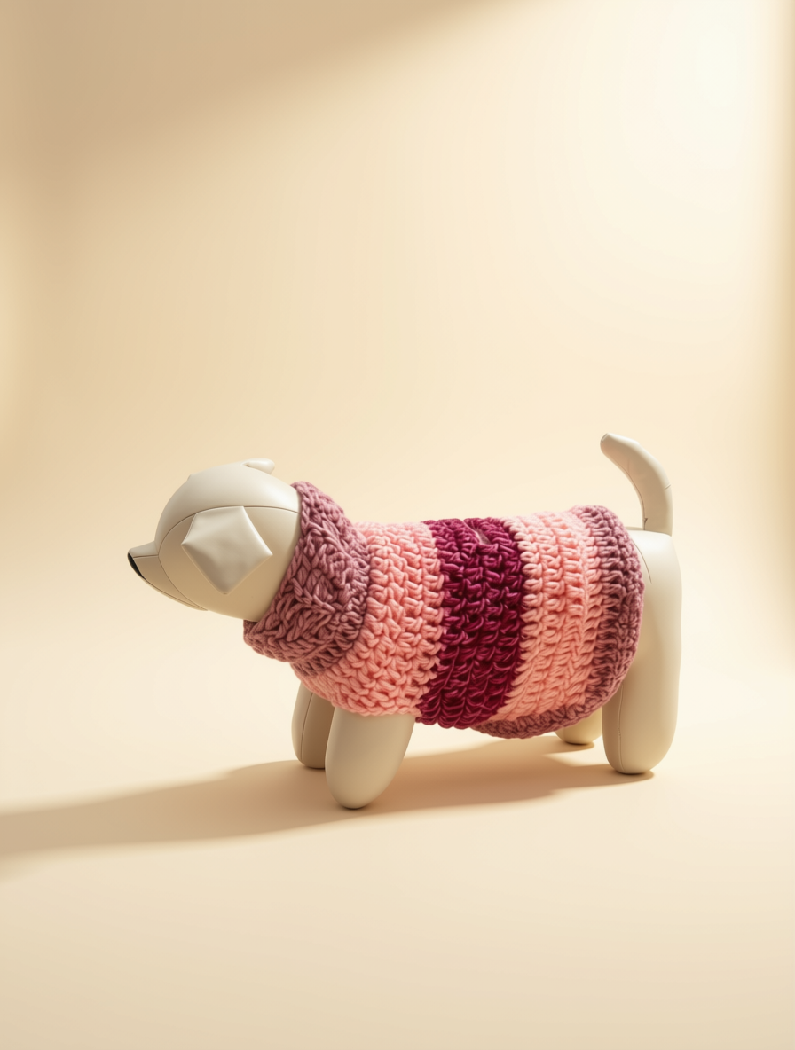 White dog mannequin wearing the pink-and-berry crochet sweater